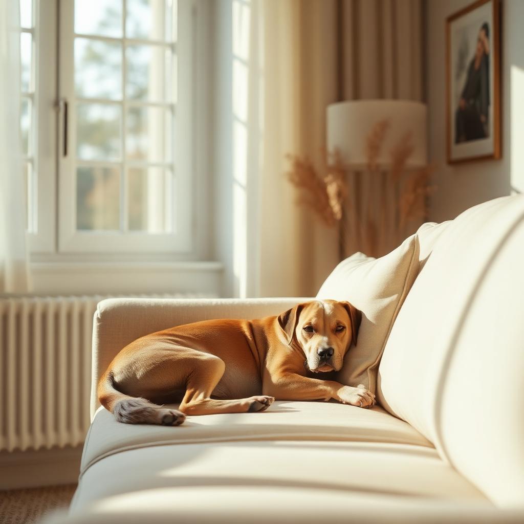 A relaxed dog resting on a linen sofa in a warm, sunlit home