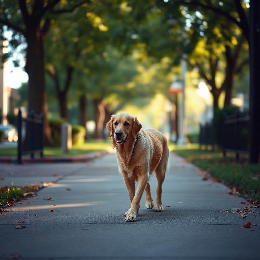 A golden retriever walking a calm, tree-lined Atlanta sidewalk in soft morning light